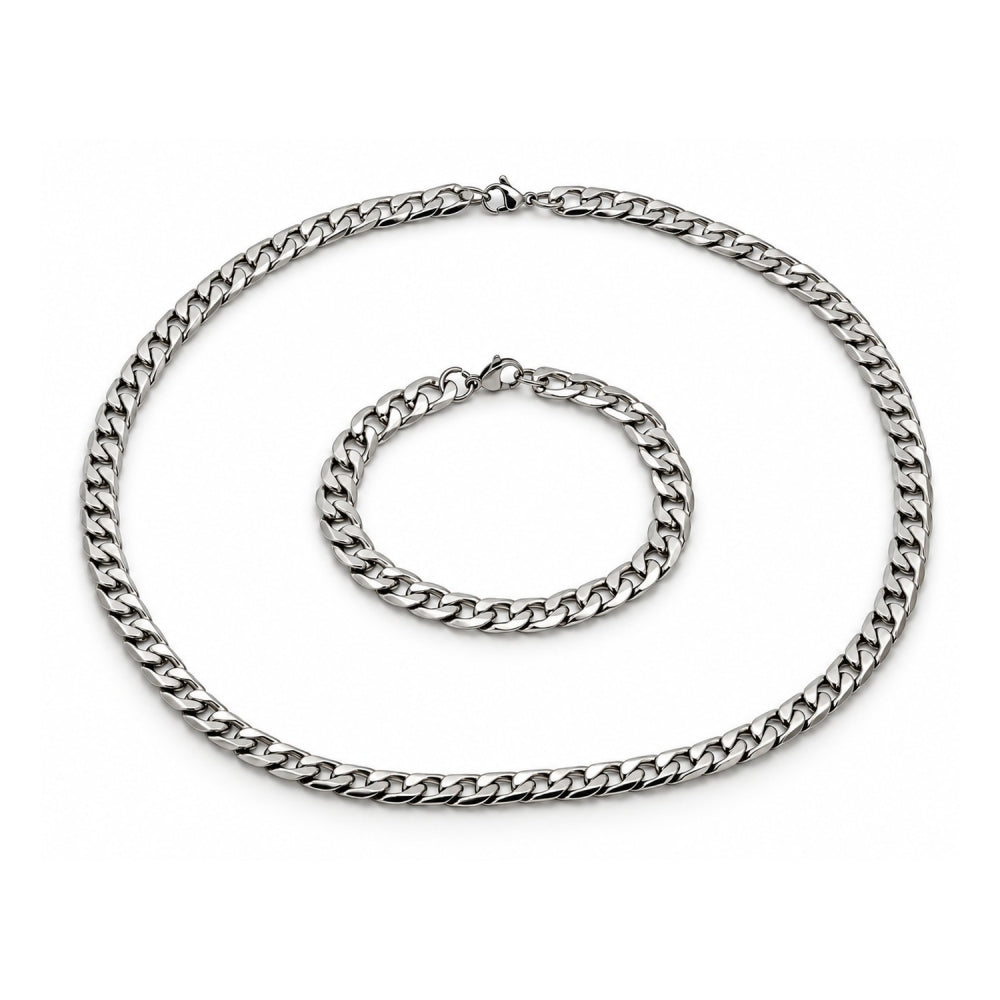 Stainless Steel Necklace and Bracelet, Curb Design, Polished, Steel Finish