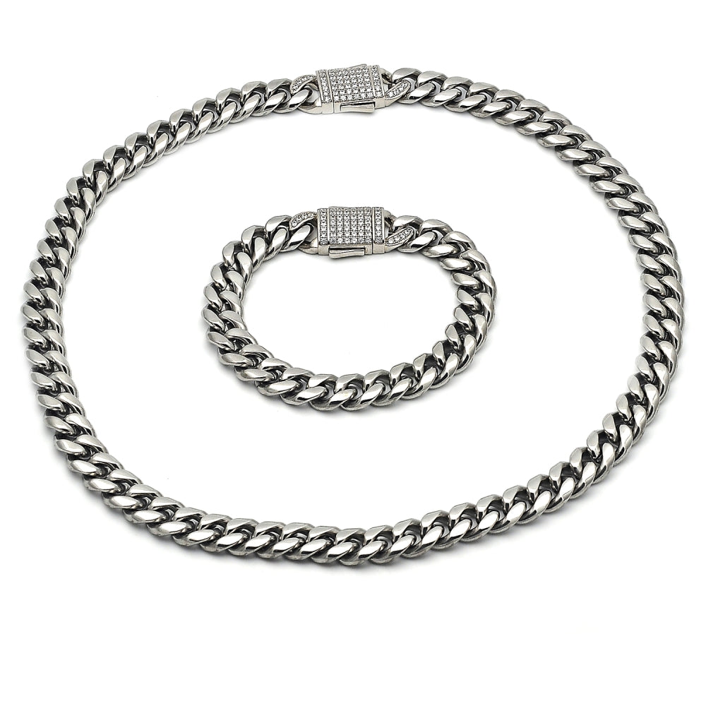 Stainless Steel Necklace and Bracelet, Miami Cuban Design, with White Crystal, Polished, Steel Finish