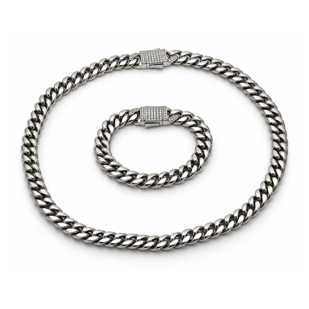 Stainless Steel Necklace and Bracelet, Miami Cuban and Box Lock Design, with White Crystal, Polished, Steel Finish