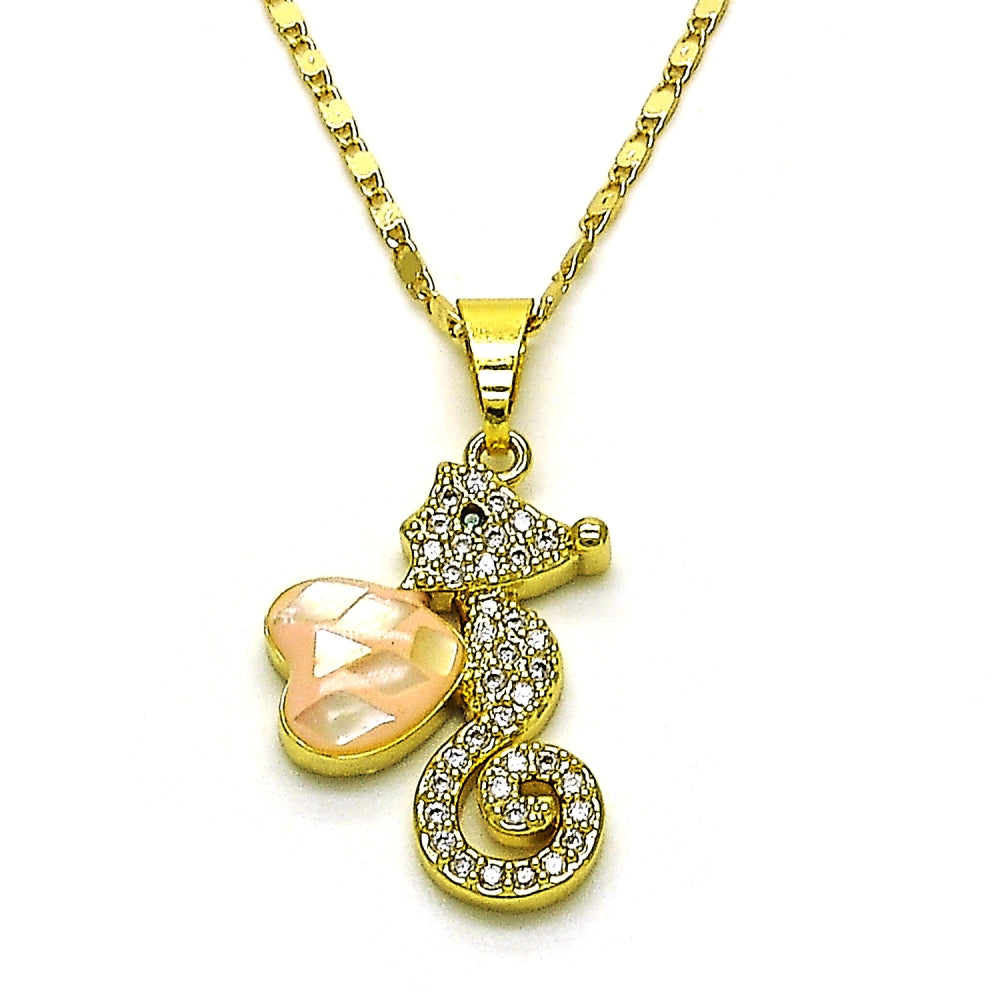 Oro Laminado Pendant Necklace, Gold Filled Style Heart Design, with Rose Mother of Pearl and White Micro Pave, Polished, Golden Finish