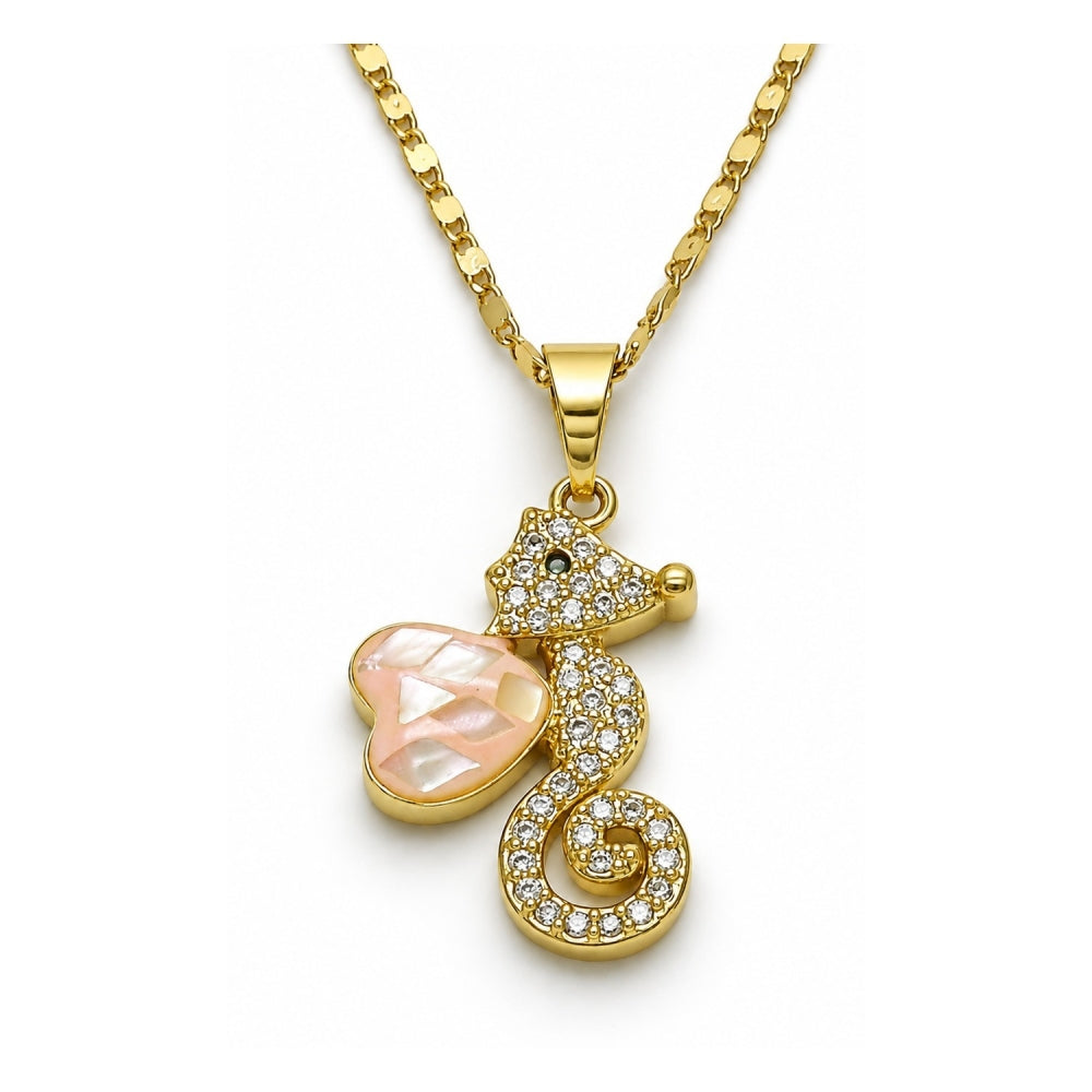 Oro Laminado Pendant Necklace, Gold Filled Style Heart Design, with Rose Mother of Pearl and White Micro Pave, Polished, Golden Finish