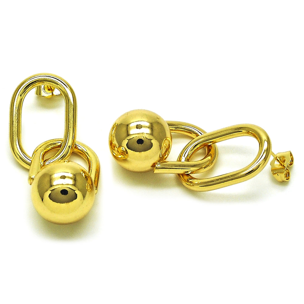 Oro Laminado Long Earring, Gold Filled Style Ball Design, Polished, Golden Finish