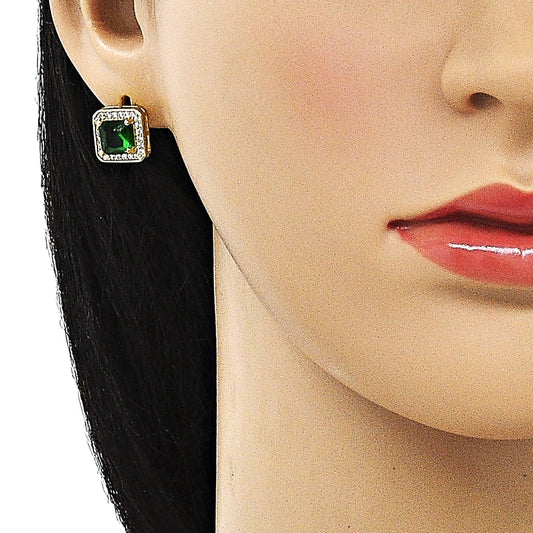 Oro Laminado Leverback Earring, Gold Filled Style with Green Cubic Zirconia and White Micro Pave, Polished, Golden Finish