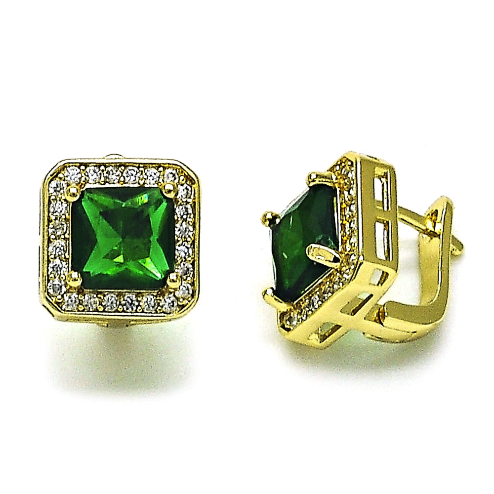 Oro Laminado Leverback Earring, Gold Filled Style with Green Cubic Zirconia and White Micro Pave, Polished, Golden Finish