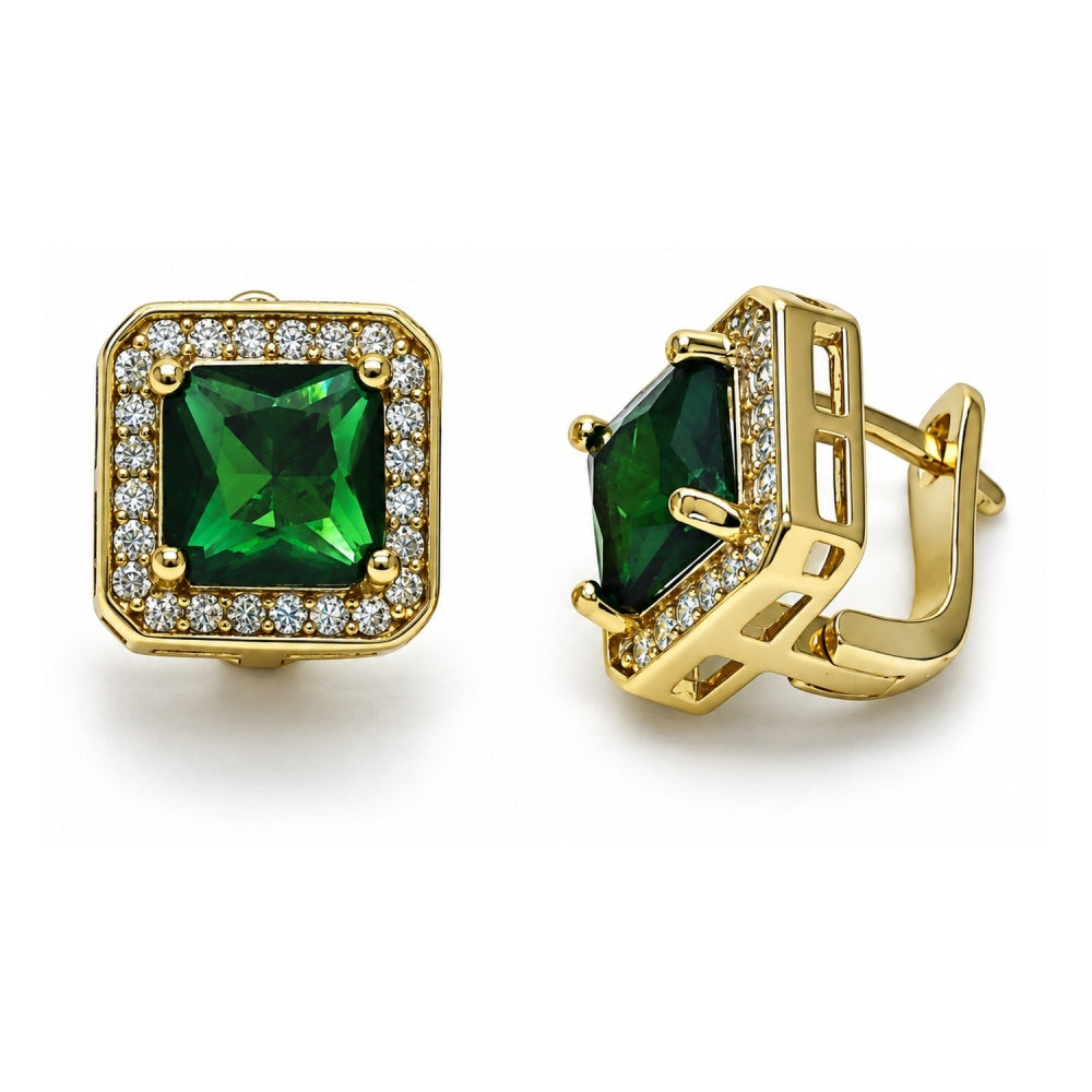 Oro Laminado Leverback Earring, Gold Filled Style with Green Cubic Zirconia and White Micro Pave, Polished, Golden Finish