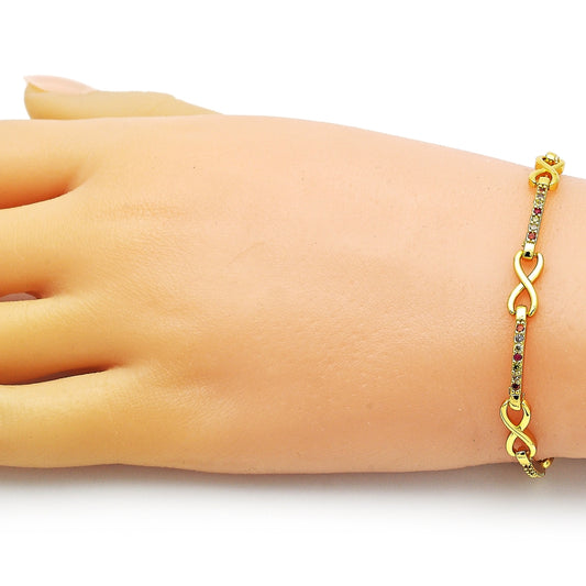 Oro Laminado Fancy Bracelet, Gold Filled Style Hugs and Kisses and Infinite Design, with Multicolor Micro Pave, Polished, Golden Finish