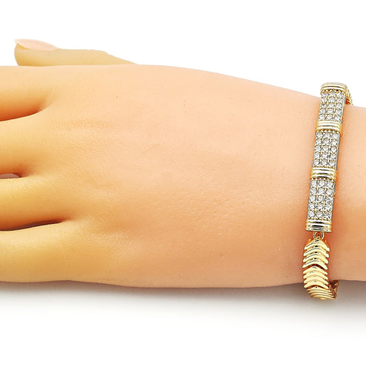 Oro Laminado Fancy Bracelet, Gold Filled Style Nameplate Design, with White Cubic Zirconia, Polished, Golden Finish
