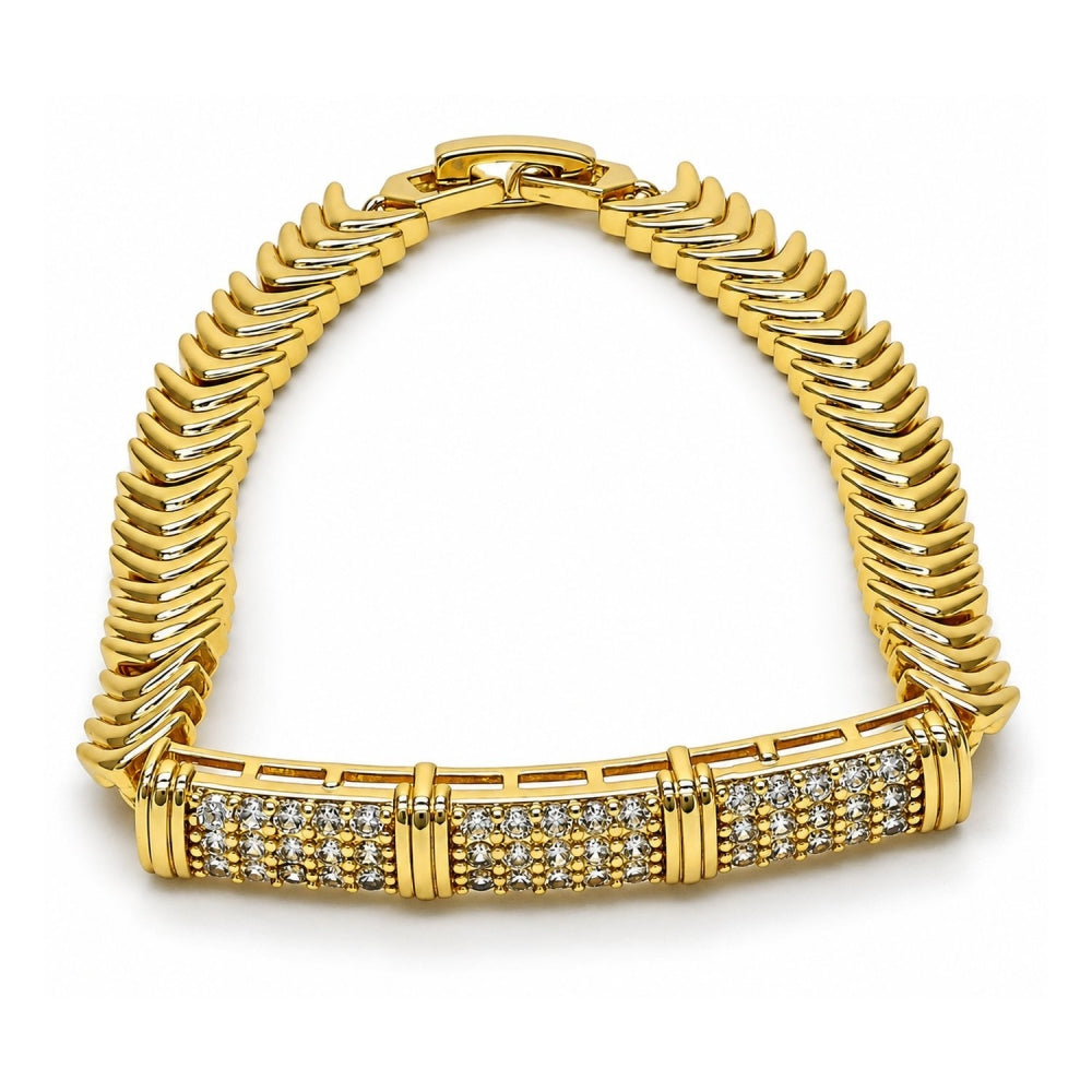 Oro Laminado Fancy Bracelet, Gold Filled Style Nameplate Design, with White Cubic Zirconia, Polished, Golden Finish