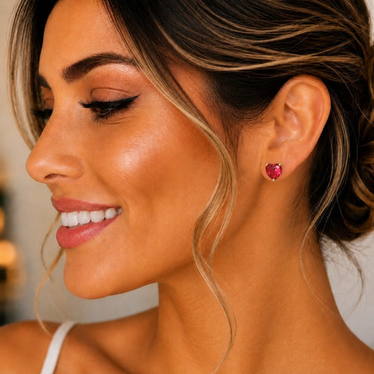 Oro Laminado Stud Earring, Gold Filled Style Heart Design, with Ruby Cubic Zirconia, Polished, Golden Finish
