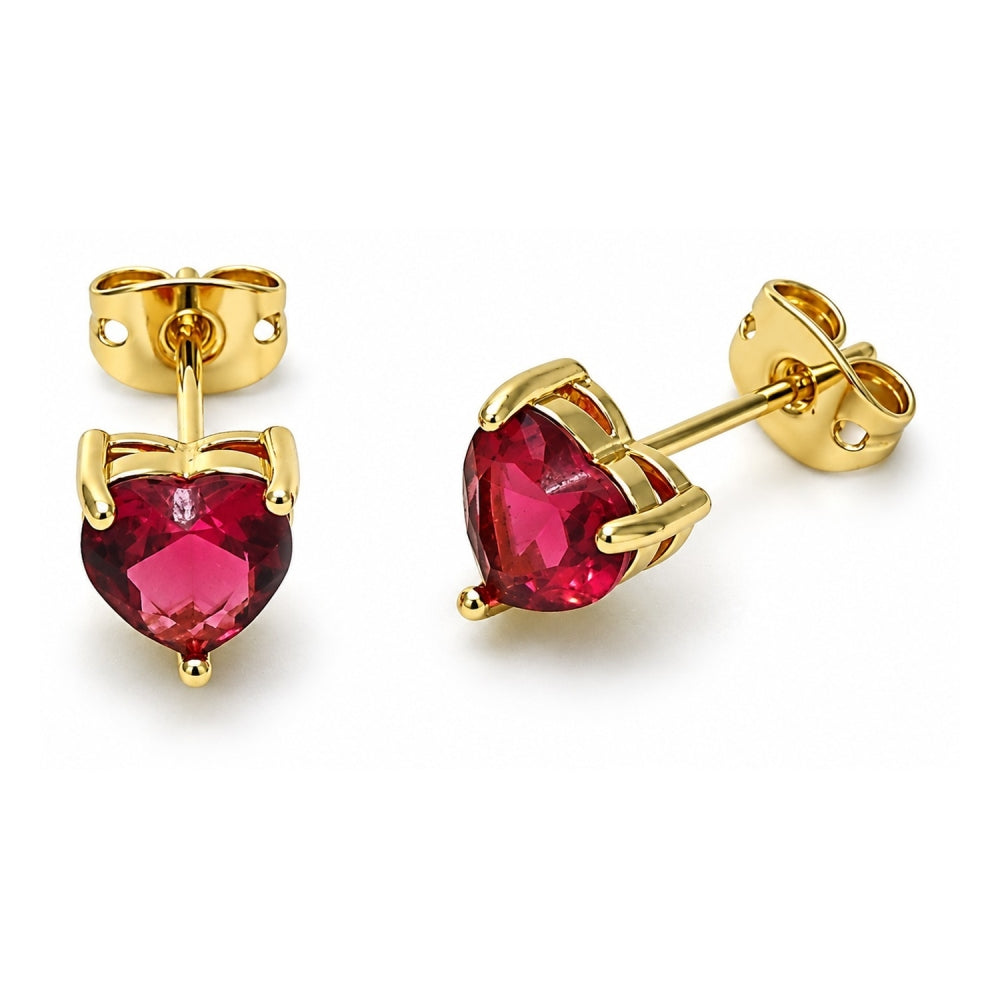 Oro Laminado Stud Earring, Gold Filled Style Heart Design, with Ruby Cubic Zirconia, Polished, Golden Finish