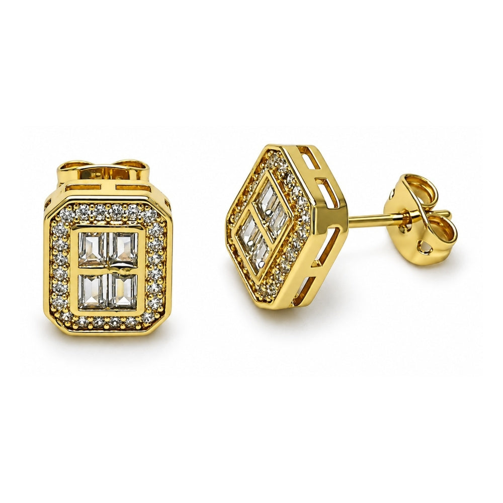 Oro Laminado Stud Earring, Gold Filled Style Baguette Design, with White Micro Pave and White Cubic Zirconia, Polished, Golden Finish