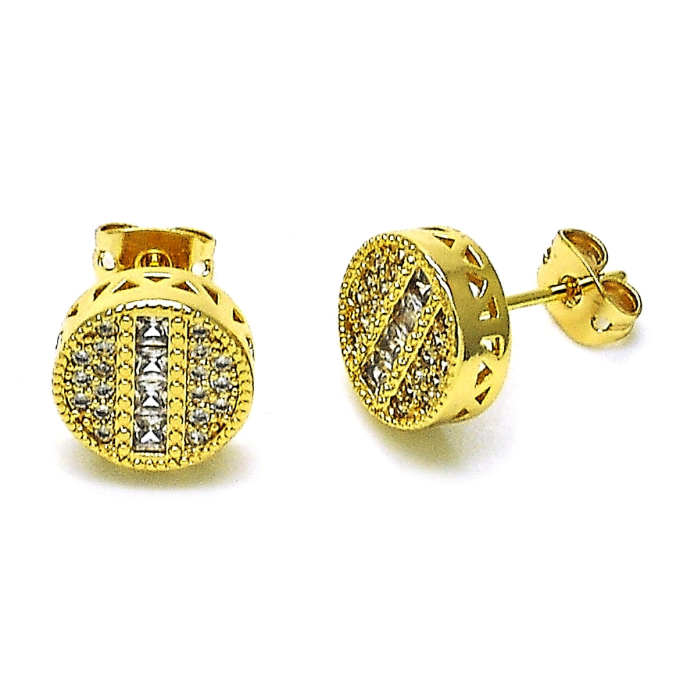 Oro Laminado Stud Earring, Gold Filled Style with White Micro Pave and White Cubic Zirconia, Polished, Golden Finish