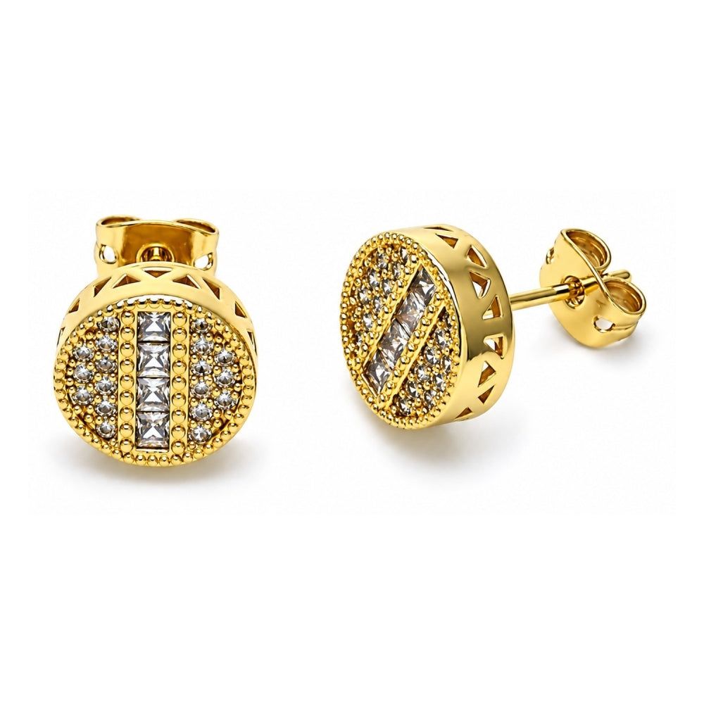 Oro Laminado Stud Earring, Gold Filled Style with White Micro Pave and White Cubic Zirconia, Polished, Golden Finish