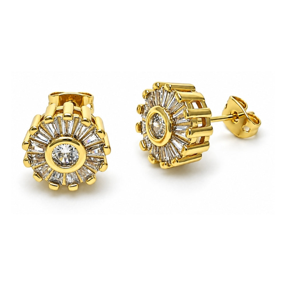 Oro Laminado Stud Earring, Gold Filled Style Baguette and Flower Design, with White Cubic Zirconia, Polished, Golden Finish