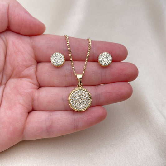 Oro Laminado Earring and Pendant Adult Set, Gold Filled Style with White Micro Pave, Polished, Golden Finish