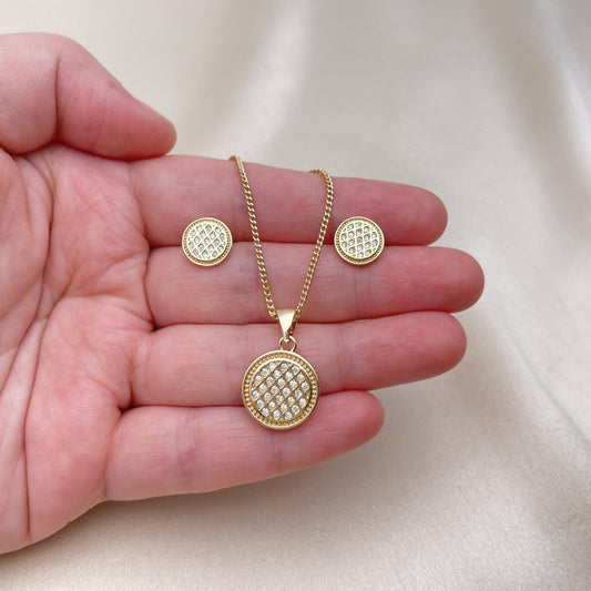 Oro Laminado Earring and Pendant Adult Set, Gold Filled Style with White Micro Pave, Polished, Golden Finish