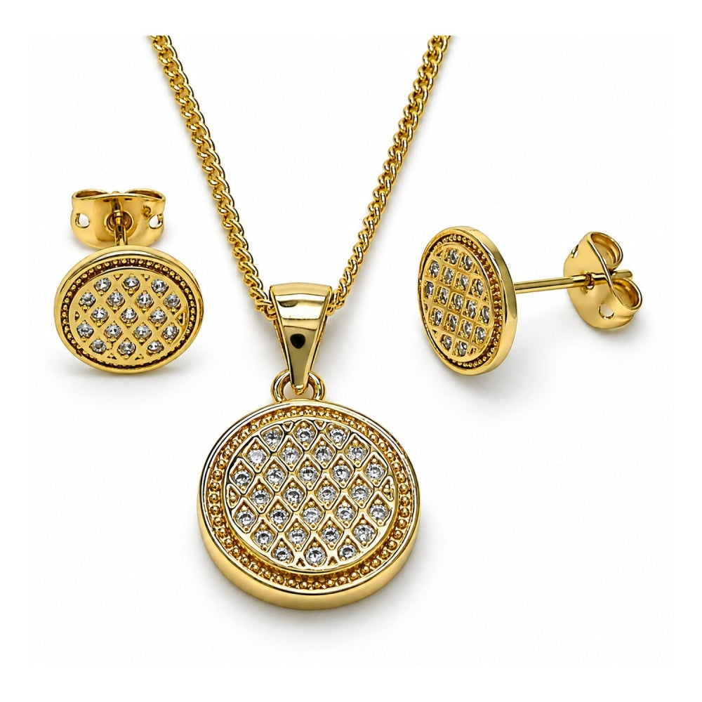 Oro Laminado Earring and Pendant Adult Set, Gold Filled Style with White Micro Pave, Polished, Golden Finish