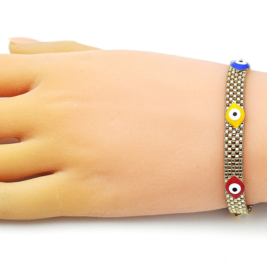 Oro Laminado Fancy Bracelet, Gold Filled Style Evil Eye and Bismark Design, Multicolor Enamel Finish, Golden Finish