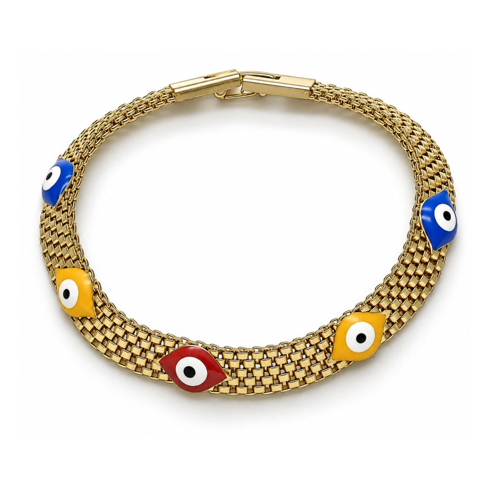 Oro Laminado Fancy Bracelet, Gold Filled Style Evil Eye and Bismark Design, Multicolor Enamel Finish, Golden Finish