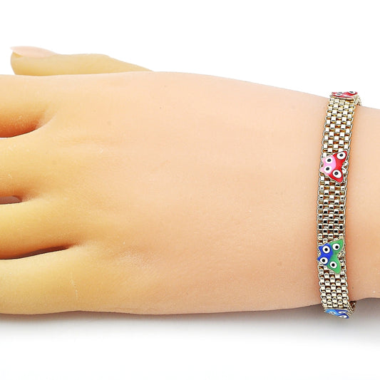 Oro Laminado Fancy Bracelet, Gold Filled Style Butterfly and Bismark Design, Multicolor Enamel Finish, Golden Finish