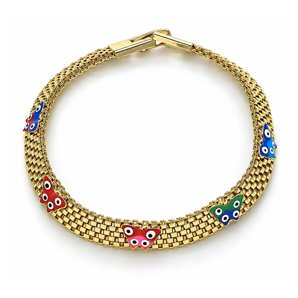 Oro Laminado Fancy Bracelet, Gold Filled Style Butterfly and Bismark Design, Multicolor Enamel Finish, Golden Finish
