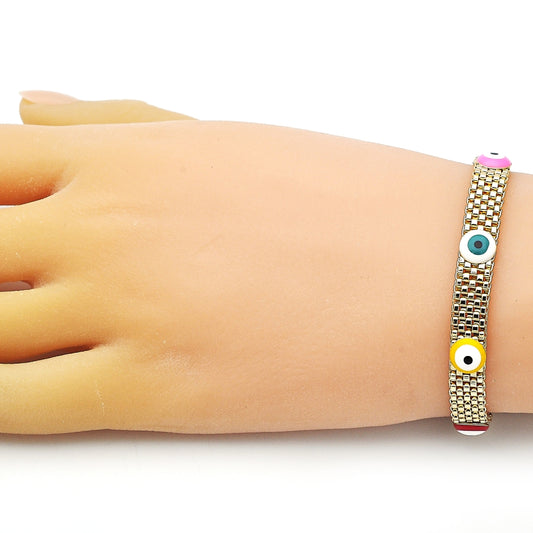 Oro Laminado Fancy Bracelet, Gold Filled Style Evil Eye and Bismark Design, Multicolor Enamel Finish, Golden Finish