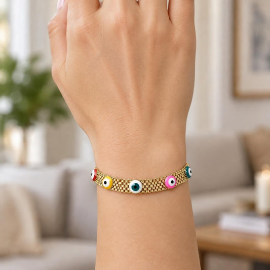 Oro Laminado Fancy Bracelet, Gold Filled Style Evil Eye and Bismark Design, Multicolor Enamel Finish, Golden Finish