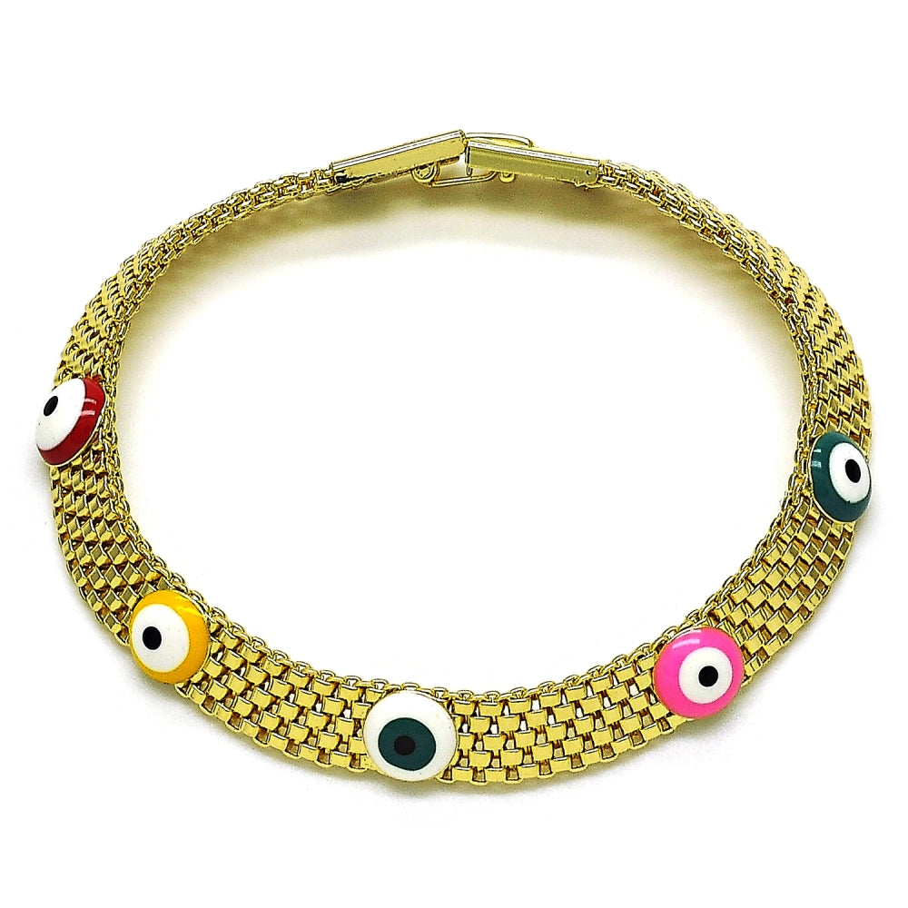 Oro Laminado Fancy Bracelet, Gold Filled Style Evil Eye and Bismark Design, Multicolor Enamel Finish, Golden Finish