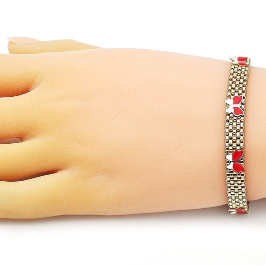 Oro Laminado Fancy Bracelet, Gold Filled Style Butterfly and Bismark Design, Red Enamel Finish, Golden Finish