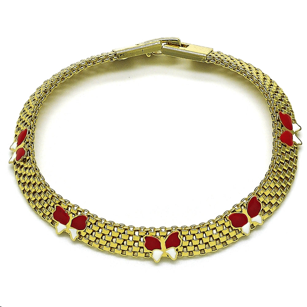 Oro Laminado Fancy Bracelet, Gold Filled Style Butterfly and Bismark Design, Red Enamel Finish, Golden Finish