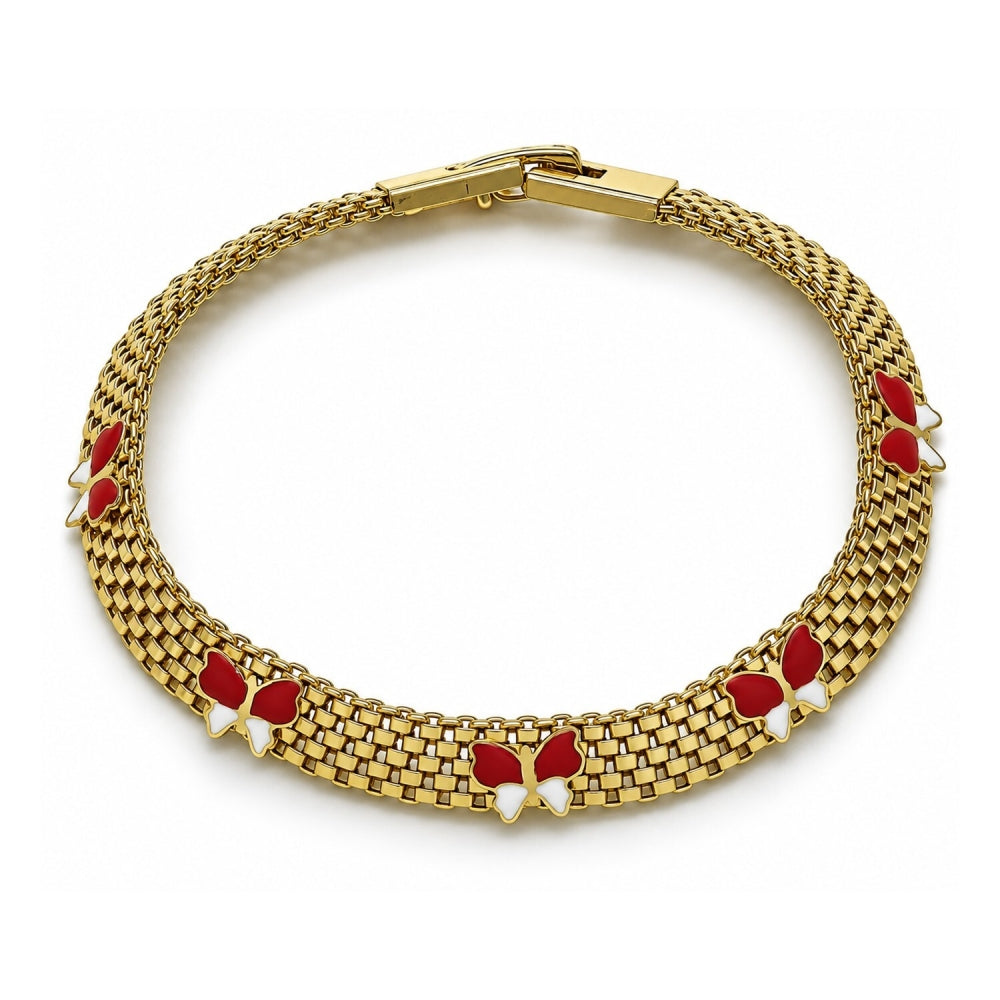 Oro Laminado Fancy Bracelet, Gold Filled Style Butterfly and Bismark Design, Red Enamel Finish, Golden Finish
