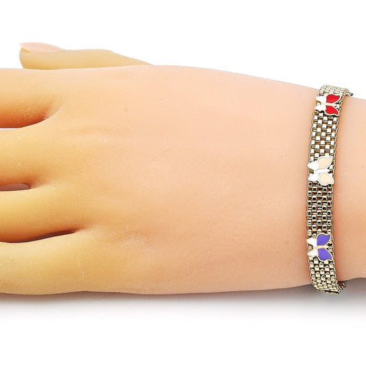 Oro Laminado Fancy Bracelet, Gold Filled Style Butterfly and Bismark Design, Multicolor Enamel Finish, Golden Finish