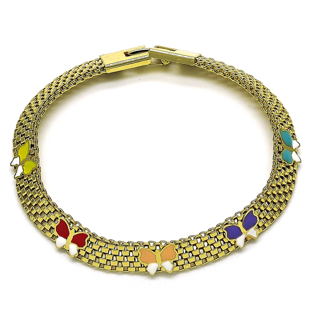 Oro Laminado Fancy Bracelet, Gold Filled Style Butterfly and Bismark Design, Multicolor Enamel Finish, Golden Finish