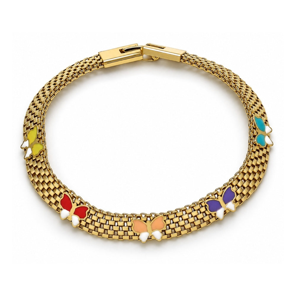 Oro Laminado Fancy Bracelet, Gold Filled Style Butterfly and Bismark Design, Multicolor Enamel Finish, Golden Finish