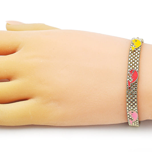 Oro Laminado Fancy Bracelet, Gold Filled Style Dolphin and Bismark Design, Multicolor Enamel Finish, Golden Finish