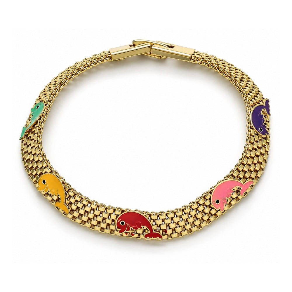 Oro Laminado Fancy Bracelet, Gold Filled Style Dolphin and Bismark Design, Multicolor Enamel Finish, Golden Finish