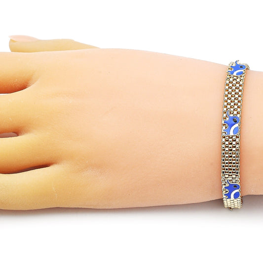 Oro Laminado Fancy Bracelet, Gold Filled Style Elephant and Bismark Design, Blue Enamel Finish, Golden Finish