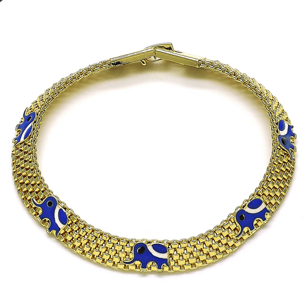 Oro Laminado Fancy Bracelet, Gold Filled Style Elephant and Bismark Design, Blue Enamel Finish, Golden Finish