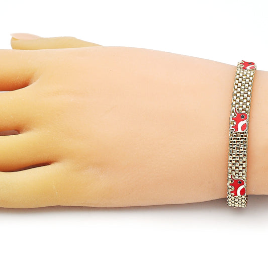 Oro Laminado Fancy Bracelet, Gold Filled Style Elephant and Bismark Design, Red Enamel Finish, Golden Finish