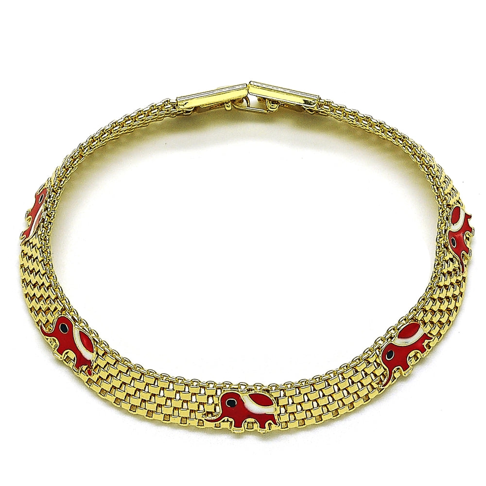 Oro Laminado Fancy Bracelet, Gold Filled Style Elephant and Bismark Design, Red Enamel Finish, Golden Finish