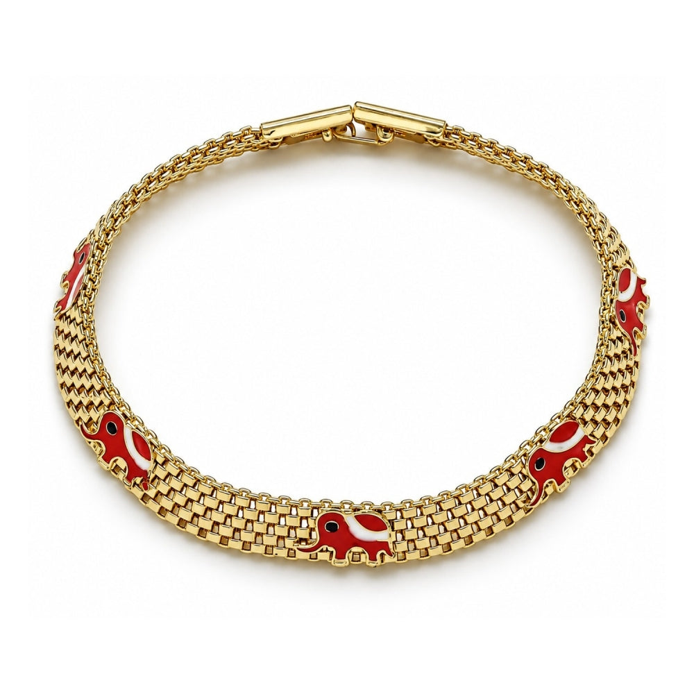 Oro Laminado Fancy Bracelet, Gold Filled Style Elephant and Bismark Design, Red Enamel Finish, Golden Finish