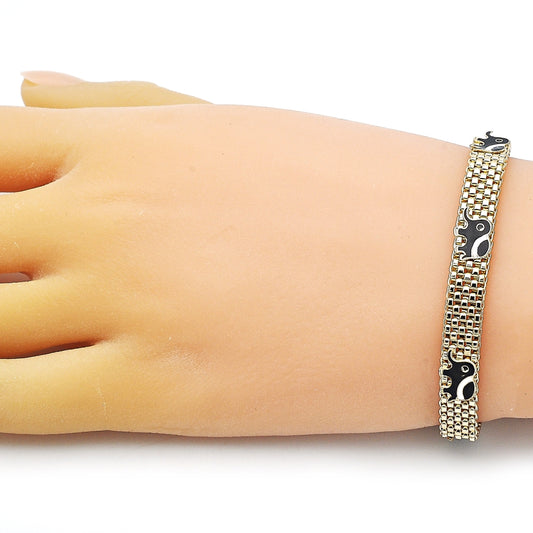 Oro Laminado Fancy Bracelet, Gold Filled Style Elephant and Bismark Design, Black Enamel Finish, Golden Finish