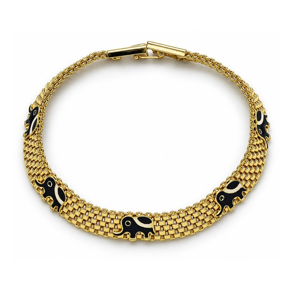 Oro Laminado Fancy Bracelet, Gold Filled Style Elephant and Bismark Design, Black Enamel Finish, Golden Finish