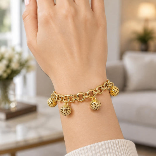 Oro Laminado Charm Bracelet, Gold Filled Style Rolo Design, Polished, Golden Finish