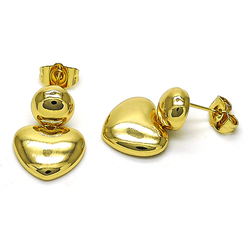 Oro Laminado Stud Earring, Gold Filled Style Heart and Ball Design, Polished, Golden Finish