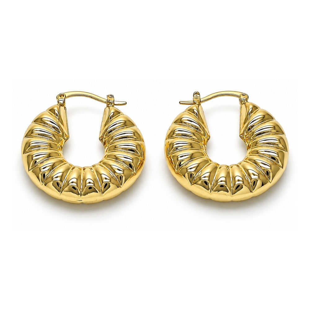 Oro Laminado Medium Hoop, Gold Filled Style Hollow Design, Diamond Cutting Finish, Golden Finish