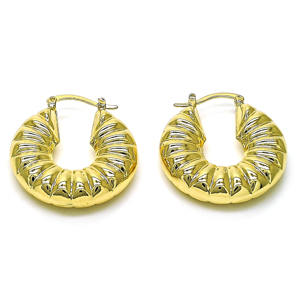 Oro Laminado Medium Hoop, Gold Filled Style Hollow Design, Diamond Cutting Finish, Golden Finish