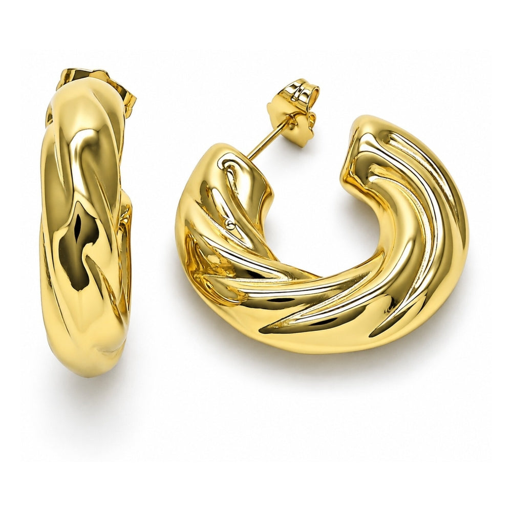 Oro Laminado Medium Hoop, Gold Filled Style Hollow and Twist Design, Polished, Golden Finish