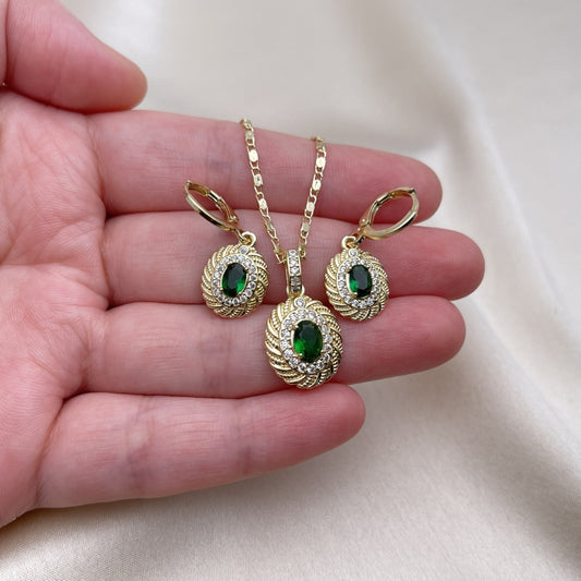 Oro Laminado Earring and Pendant Adult Set, Gold Filled Style with Green Cubic Zirconia and White Micro Pave, Polished, Golden Finish