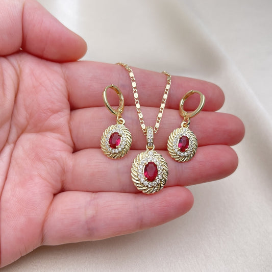 Oro Laminado Earring and Pendant Adult Set, Gold Filled Style with Ruby Cubic Zirconia and White Micro Pave, Polished, Golden Finish